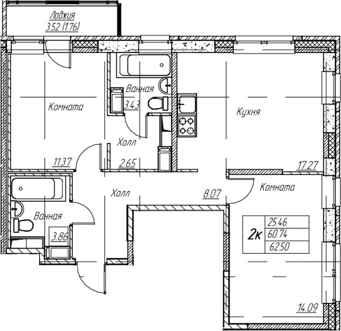 2-комнатная квартира 62.5 м², 16/22 эт., ЖК «Парк-квартал Юнтолово»